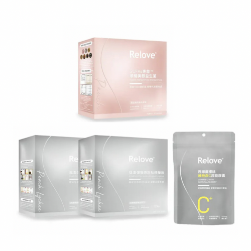 【膠原維C益生菌組合】台灣Relove澎彈膠原胜肽精華飲2盒+西印度櫻桃維他命C超能膠囊1包+順暢美顏千億益生菌1盒